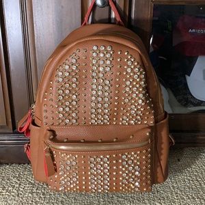 Brown & Red Bejeweled Studded Backpack